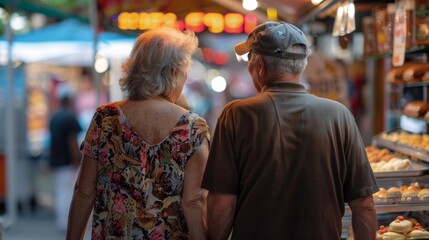 Obraz premium A middleaged couple the woman wearing a flowy s and the man in a baseball cap and tshirt walking hand in hand towards a food stand. . .