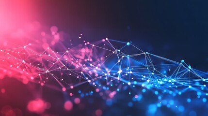 Ultra-Realistic Abstract Tech Background: Future Lines & Dots Mesh in Dark Blue, Red & Pink - Big Data & Digital Connection