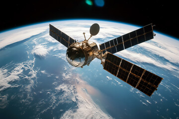 Close-up of a communication satellite with antennas extended, hovering above Earth's surface.