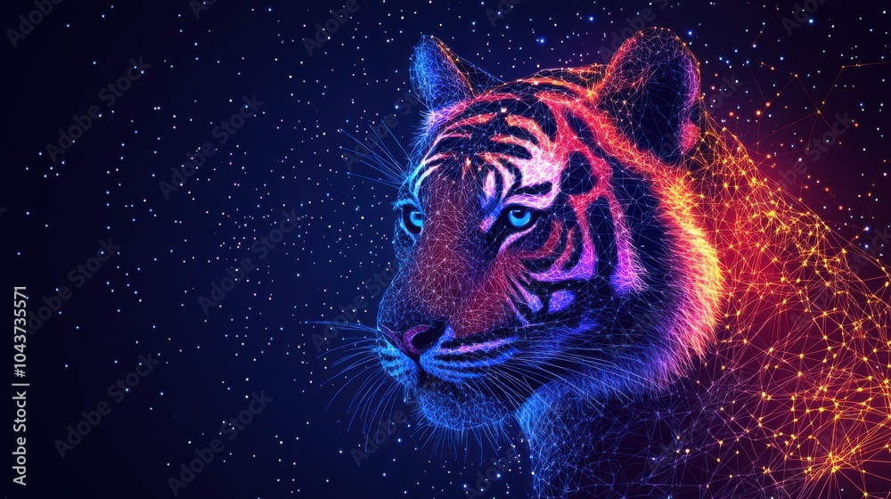 Sticker abstract image of tiger in the form of a starry sky or space, consisting of points, lines, and shape