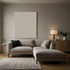 A Minimalist Living Room Design, With Clean Lines, Neutral Beige And White Tones, Featuring A Low-profile Gray Sofa And One Picture Frame Mockup White Wall Art design interior