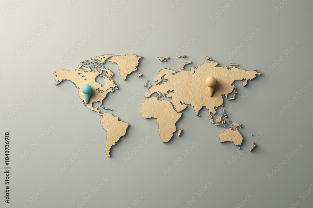 Aufkleber A simple world map outline showcases prominent travel destinations with colorful map pins indicating popular locations worldwide. Generative AI