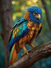 Obraz premium A regal harpy perches on a branch, her feathers is a brilliant spectrum of golds, greens, and blues