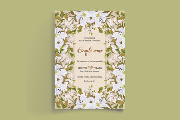 WEDDING INVITATION FRAME WITH FLOWER DECORATIONS AND FRESH LEAVES