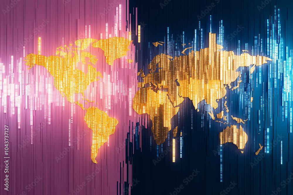 Poster a world map forms from falling binary code, showcasing the blend of technology and geography today