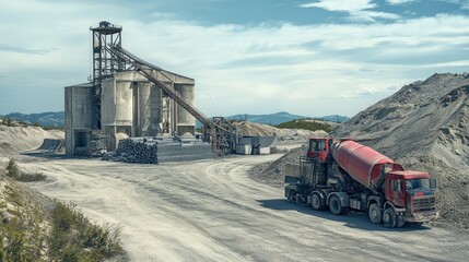 Fototapeta premium A concrete mixing plant with machinery and a truck in an industrial setting.