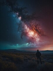 Fototapeta premium A stunning celestial cinematic where vibrant nebulae swirl amidst an ethereal mist, illuminated by a divine, shimmering light
