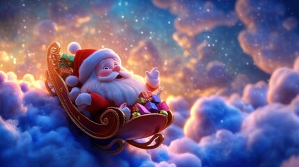 Naklejka premium A cartoon image of Santa Claus riding a sleigh through the clouds