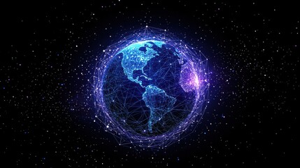 Abstract image planet Earth in the form of a starry sky or space, consisting of points, lines, and shapes in the form of planets, stars and the universe. Earth vector wireframe concept. Blue purple.