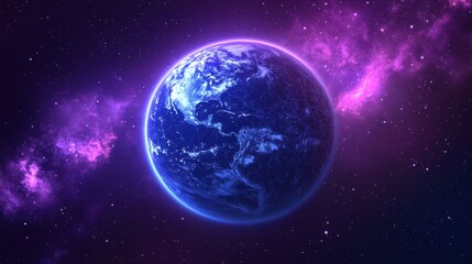 Obraz premium Abstract image planet Earth in the form of a starry sky or space, consisting of points, lines, and shapes in the form of planets, stars and the universe. Earth vector wireframe concept. Blue purple.