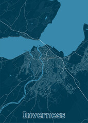 Map of Inverness, Scotland, rendered in a minimalist style. The map features a deep blue background with white lines representing roads, waterways