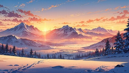 Snowy Anime Landscape at Sunset with Pine Trees and Mountains - Cold Winter Anime Scene