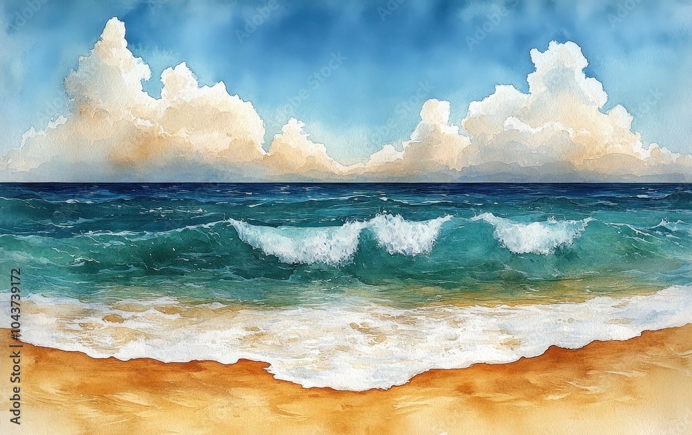 Wall mural vibrant watercolor depicting a serene beach with gentle waves and fluffy clouds under a bright sky.