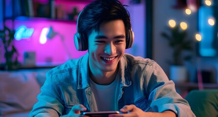A young Asian man playing a video game on a smartphone, wearing headphones and smiling while sitting at a table in a living room