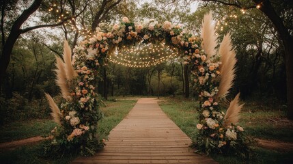 Enchanted Floral Archway in Romantic Forest Setting with Warm Lighting - Wedding Ceremony Decor Concept