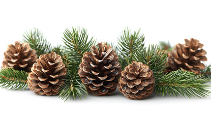 Holiday pinecones and branches on white background