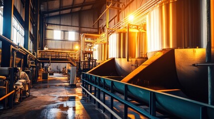 Industrial facility with large tanks and machinery, illuminated by warm lighting.