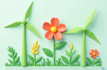 Obraz premium Eco-friendly energy concept with wind turbines and nature elements for sustainability design