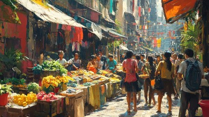 Obraz premium A bustling street market in a Southeast Asian city with vendors selling fresh produce and people shopping.