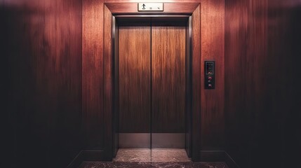 A sleek, modern elevator with smooth wooden walls, capturing the warm tones and minimalistic design perfect for architectural presentations.
