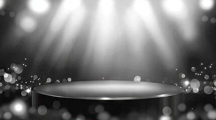 A sleek, monochrome podium bathed in bright lights and spotlights, creating a minimalist and sophisticated setting.