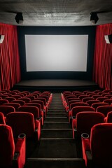 Fototapeta premium Symmetrical Cinema Theater View with Red Velvet Seats, Empty Screen, and Dramatic Lighting - Cinematic Anticipation and Grandeur