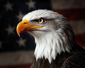 Fototapeta premium Majestic bald eagle with sharp gaze, set against an American flag backdrop.
