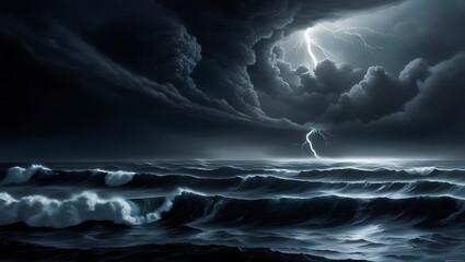Powerful stormy sea wallpaper with lightning strikes illuminating the ocean