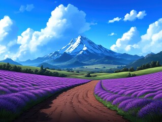 Naklejka premium Scenic view of lavender fields leading to a majestic mountain landscape.