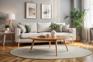 Round wood coffee table against white sofa