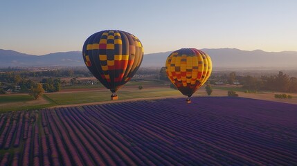 Fototapeta premium Two Hot Air Balloons Floating Over a Lavender Field at Sunrise. Colorful Patterns and Soft Light Create a Calm, Serene Landscape Under a Clear Blue Sky.