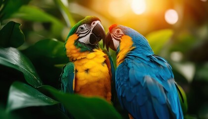 Fototapeta premium Two vibrant parrots interacting amidst lush green foliage