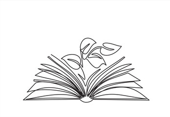 Opened book with sprout plant in one continuous line drawing . Education study and knowledge concept in simple linear style. Growing wisdom. Doodle contour vector illustration