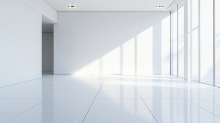 Obraz premium Minimalist white interior with sunlight streaming through large windows, creating geometric shadows on pristine floors and walls. Empty space exudes serenity and potential.