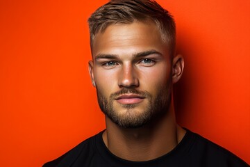 Fototapeta premium Blonde man with short hair in black t shirt standing confidently against bold orange backdrop showcasing a minimalist modern look with strong color contrast and casual style