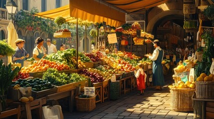 A bustling outdoor market scene with a variety of fresh produce on display. Customers browse the stalls, and vendors assist them. Sunlight bathes the scene in a warm glow.