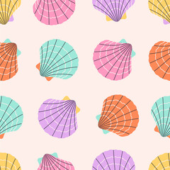 Seamless pattern with sea shells, mollusks, starfish. Tropical beach shells. Summer seamless pattern. Vector illustration in flat style