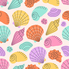 Seamless pattern with sea shells, mollusks, starfish. Tropical beach shells. Summer seamless pattern. Vector illustration in flat style