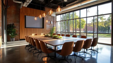 Fototapeta premium Modern, sunlit conference room with sleek wooden elements, minimalist decor, and expansive windows. An inspiring and comfortable setting for business discussions.