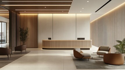 Fototapeta premium Open-plan office interior with clean architectural lines, modern furnishings, and minimalist decor. The space is bright and professional.