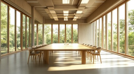 Fototapeta premium Professional meeting space with a long wooden table, minimalist decor, and floor-to-ceiling windows allowing in natural light, creating an open and productive atmosphere.