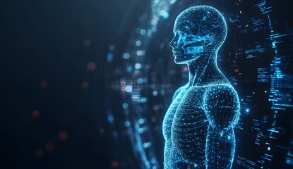 3D rendering of a digital human body with a medical data hologram background. Abstract technology and medicine concept. 