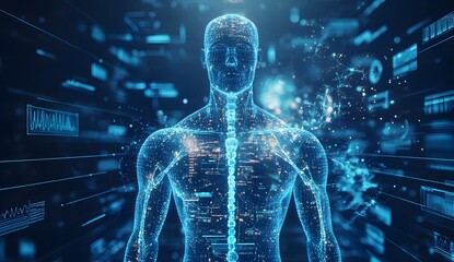 3D rendering of a digital human body with a medical data hologram background. Abstract technology and medicine concept. 