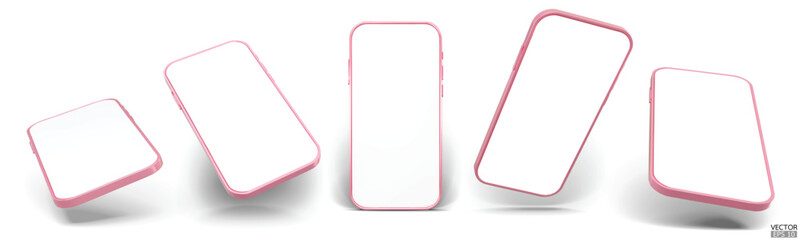 3D smartphone mockup with white screen. Pink mobile phone isolated on white background. 3d vector illustration