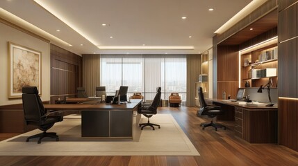Spacious office room with elegant interior design, featuring open workstations, minimalist furniture, and a warm color palette.