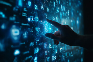hand pushing a button on a touch screen interface