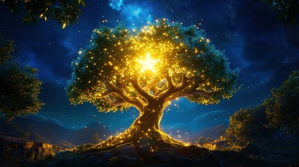 A tree with a star on it is lit up with lights