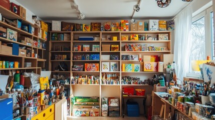 Fototapeta premium A colorful art studio filled with various supplies and organized shelves.