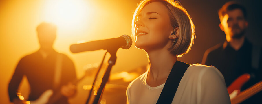 Group of musicians rehearsing together in a cozy studio, teamwork in music creation, soft lighting