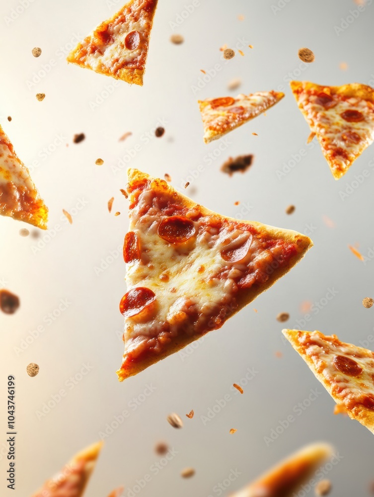 Poster Pepperoni pizza slices float diagonally in a dynamic arrangement, creating a lively atmosphere with space for text in the center. Generative AI
